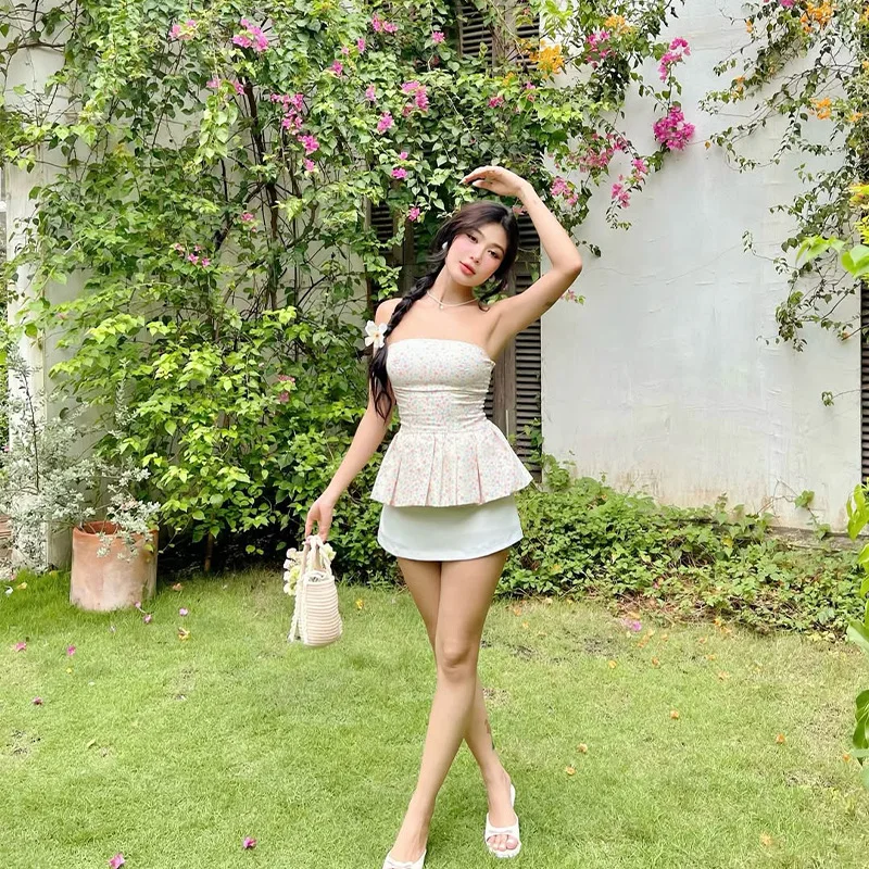 EINY Korean Women Fashion A-Line Tops Dress Y2K Sleeveless Slash-neck Pleated Printed Dresses Summer Elegant Slim Club Vestidos