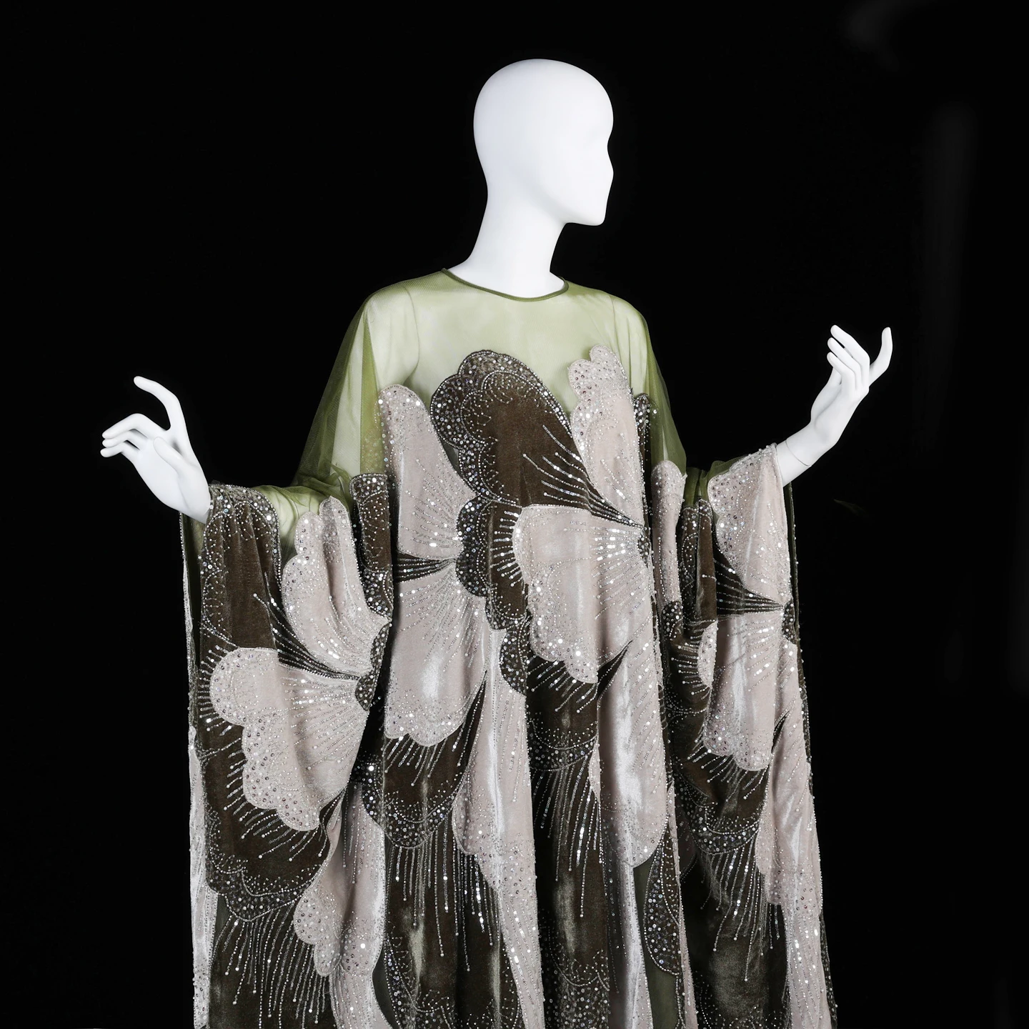 Sharon Said Luxuriöses Grünes Übergroßes Kaftan-Abendkleid mit Weiten Ärmeln, Blumenmuster und Perlen, Grünes Formelles Partykleid SS669 Maßanfertigung – Detail 9
