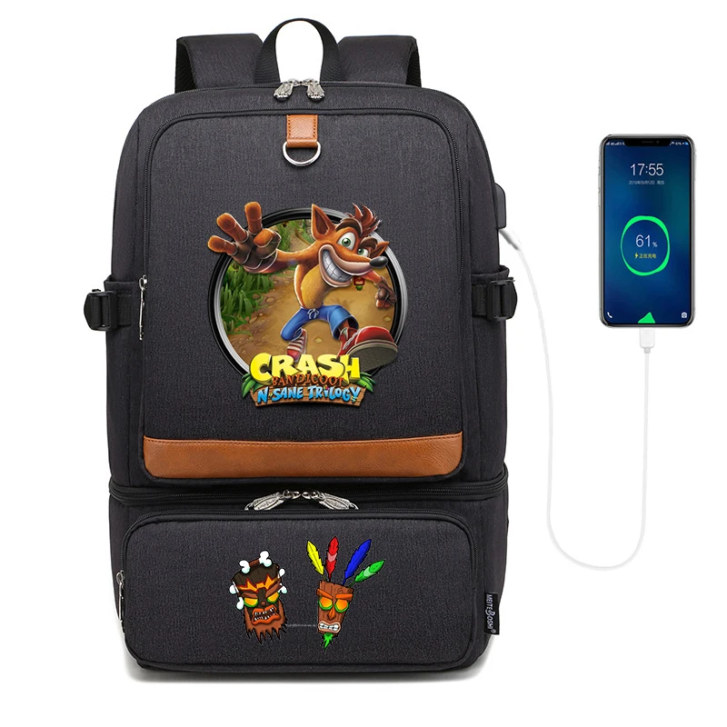 

Game Crash Bandicoot Laptop Backpack Compartment USB Waterproof Backpacks Cooler Bags Outdoor Hiking Thermal Insulated lunch Bag