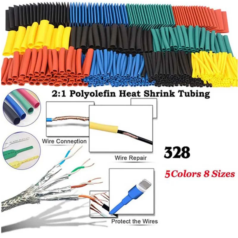 328PCS 2:1 Halogen Free Heat Shrink Tubing Combination Sleeve Packaging Tube Sample Pack Size 5 Color Multicolor Polyolefin