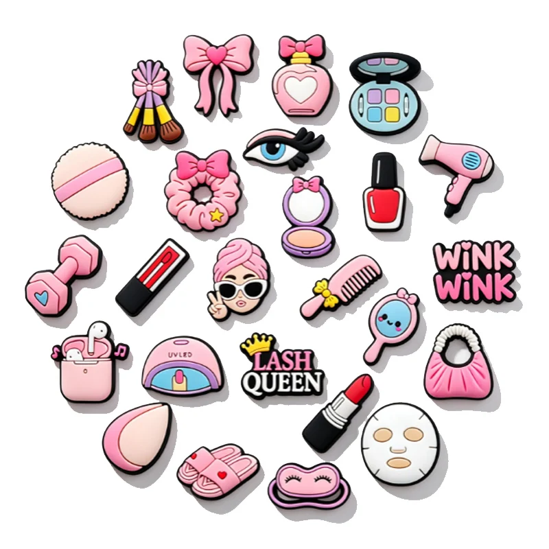 5-25PCS Beauty Shoe Charms Pink Makeup PVC Shoe Decorations, Cute Cosmetic Clog Charms for Women Girls DIY Shoe Accessories Gift