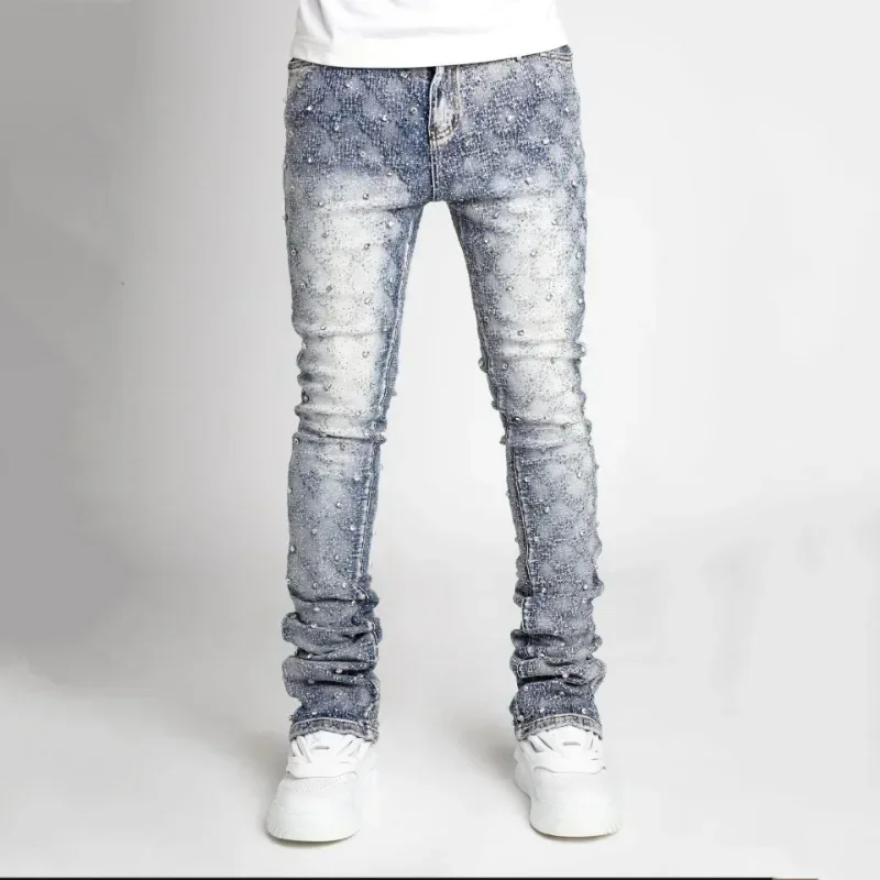 Personality Stacked Jeans for Men Slim Fit Stretchy Pearls Denim Laminated Pants for Men Fashion Straight Man\'s New Jeans