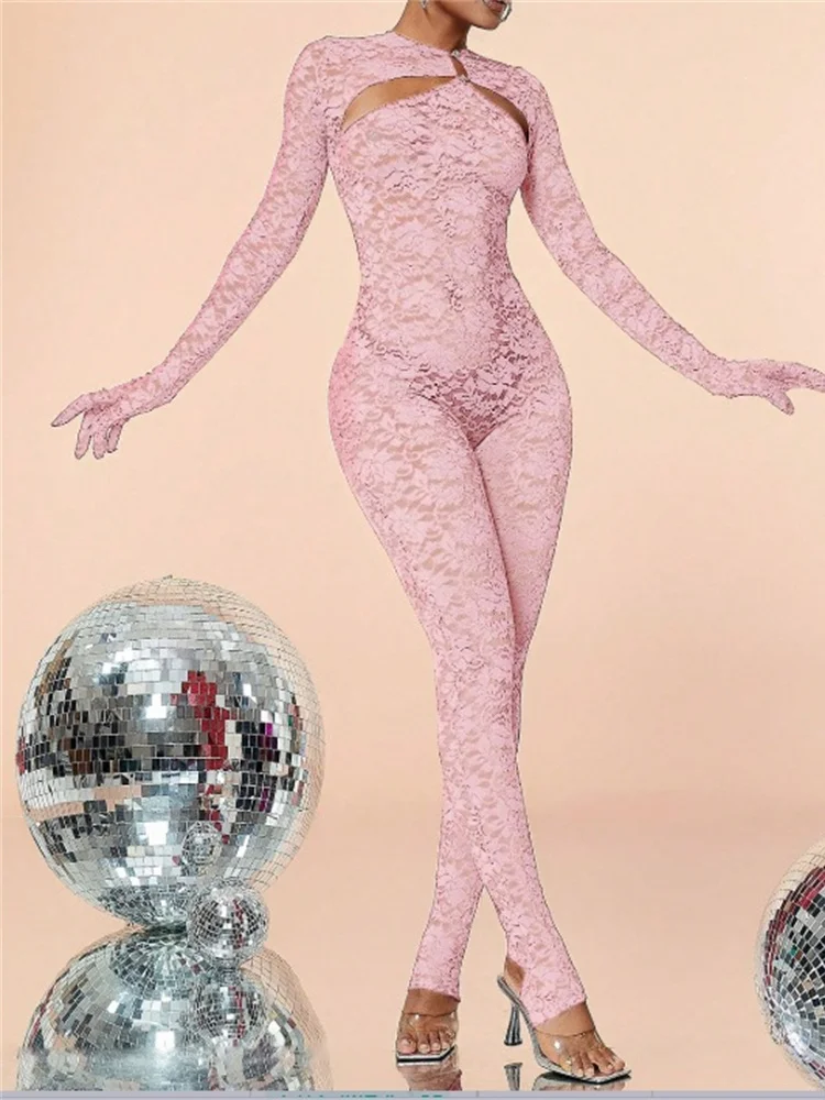 

Weird Puss Lace Hollow Button Jumpsuits Women Long Sleeve Gloves Bow Metal Trim Button See Through Midnight Sexy Skinny Overalls