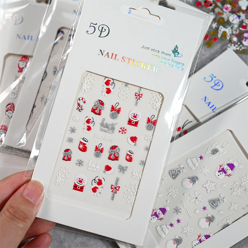 Christmas 5D Embossed Snowmen Snowflakes Nail Art Stickers Cartoon Santa Claus Elk Glitter Gold Xmas Decal DIY Manicure Decals