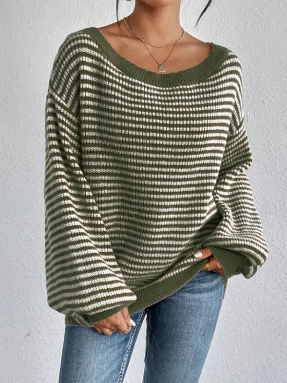 Fashionable and casual temperament, one necked spring and autumn knitted sweater, striped contrasting pullover knitted top