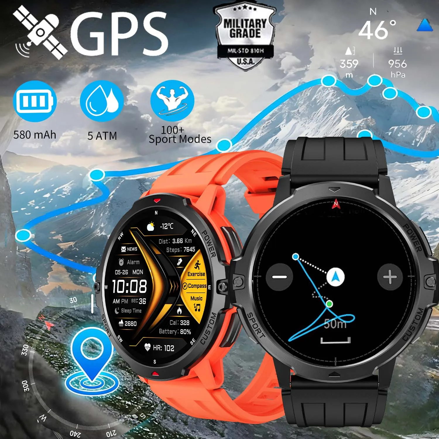جديد LEMFO GPS ساعة ذكية 1.46 بوصة AMOLED عرض مدمج بوصلة مقياس الارتفاع الجوي 5ATM 580mAh بطارية رياضية Smartwatch الرجال #1