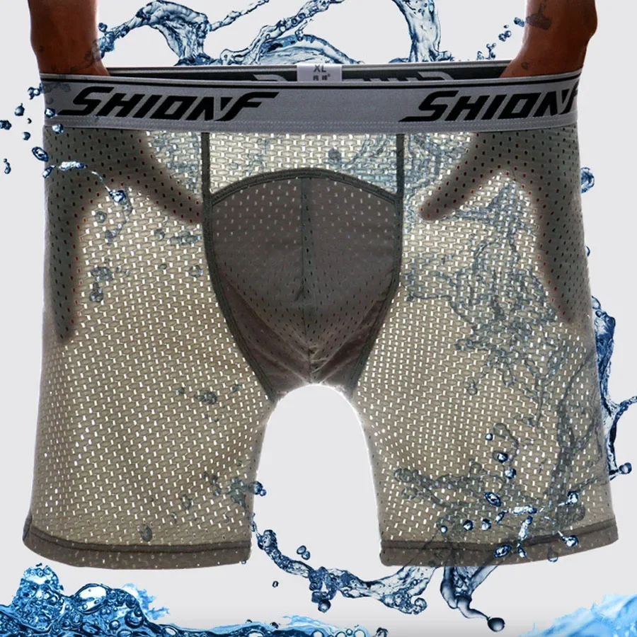 Shionf Long Boxer Men Cuecas Mesh Breathable Underwear Male Underpants Man Boxer Shorts Homme Ice Silk Sportswear Men