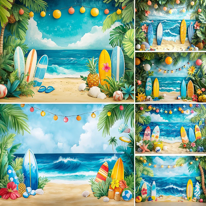 

LS Summer Photography Backdrop Beach Surfboard Palm Tree Decoration Baby Shower Kids Party Backgrounds For Photographs