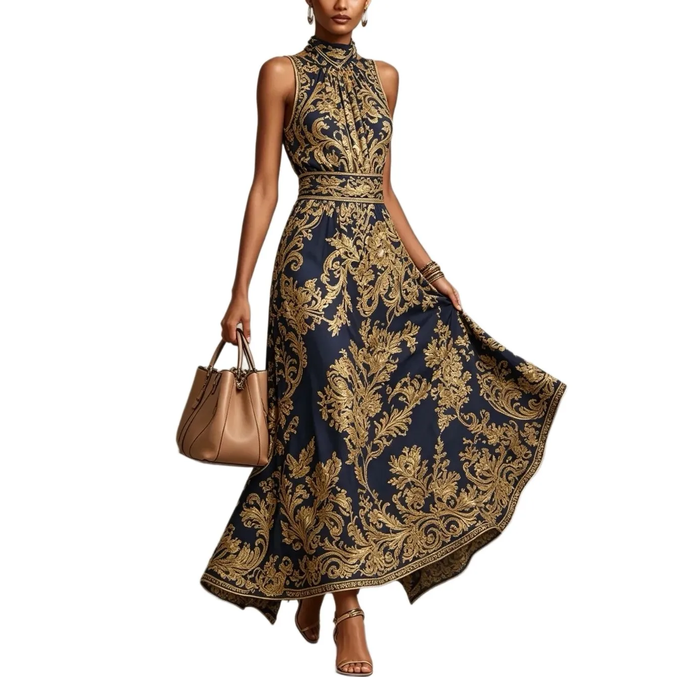 Pull on Jacquard Gown High Waist Western Style with Fitted Waist Vintage Asymmetrical Hem Sleeveless Dress Summer for Women