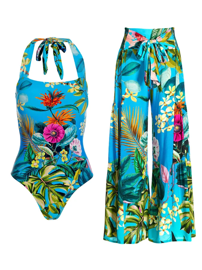 Fashion Vintage Colourful Floral Print Blue Swimsuit Tie Up Neck Design One Piece Swimsuit With Long Trousers Seaside Hawaiian