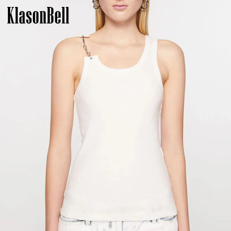 7.18 KlasonBell Women Fashion Metal Chain Decoration Spaghetti Strap Camis O-Neck Knit Slim Subcoating Tank Top