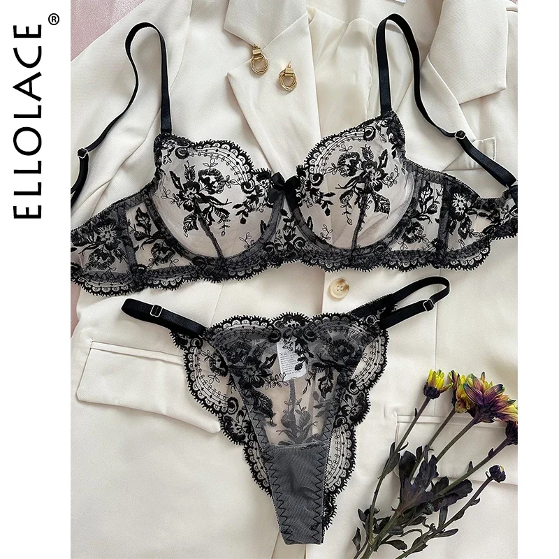 Ellolace Fancy Lingerie Lace Embroidery Fairy Seamless Tulle Underwear See Through Exotic Sets Floral Beautiful Bilizna Set