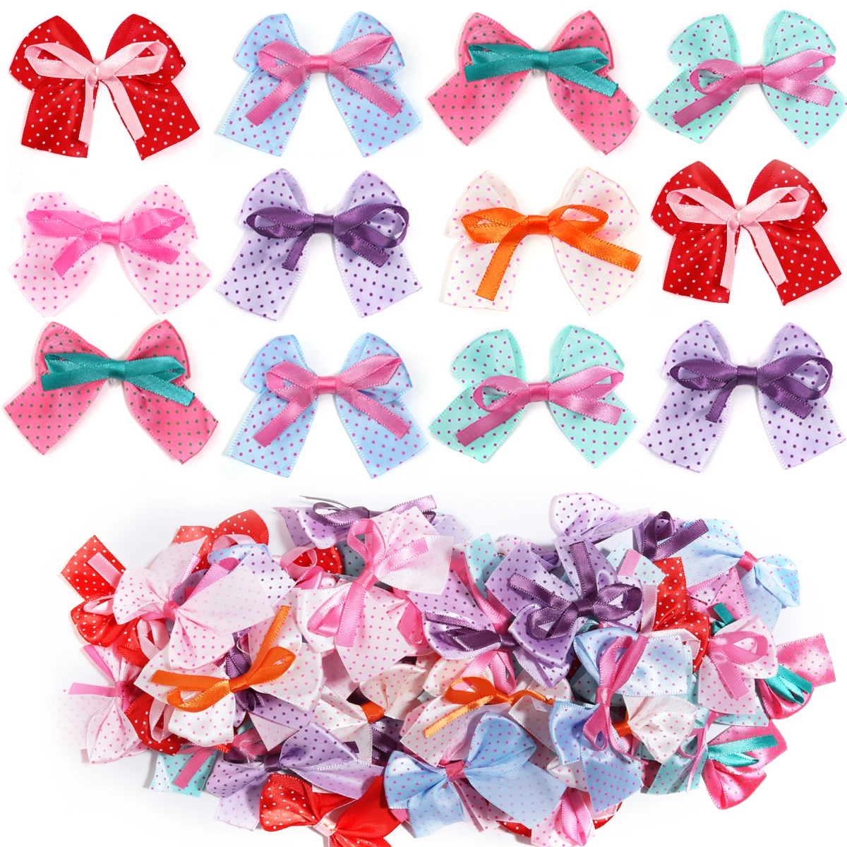 20 teile/los Polyester Gedruckt Dot Satin Band Bögen Farbige Doppel-schicht Charme Bogen Blume Für DIY Kopfbedeckungen Bekleidungs Dekoration