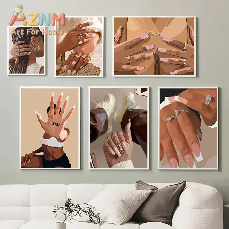 Boho Women Fashion Canvas Wall Art Luxury Nail Art Jewelry Makeup Portrait Poster Modern Wall Decor Bedroom Salon Beauty Shop
