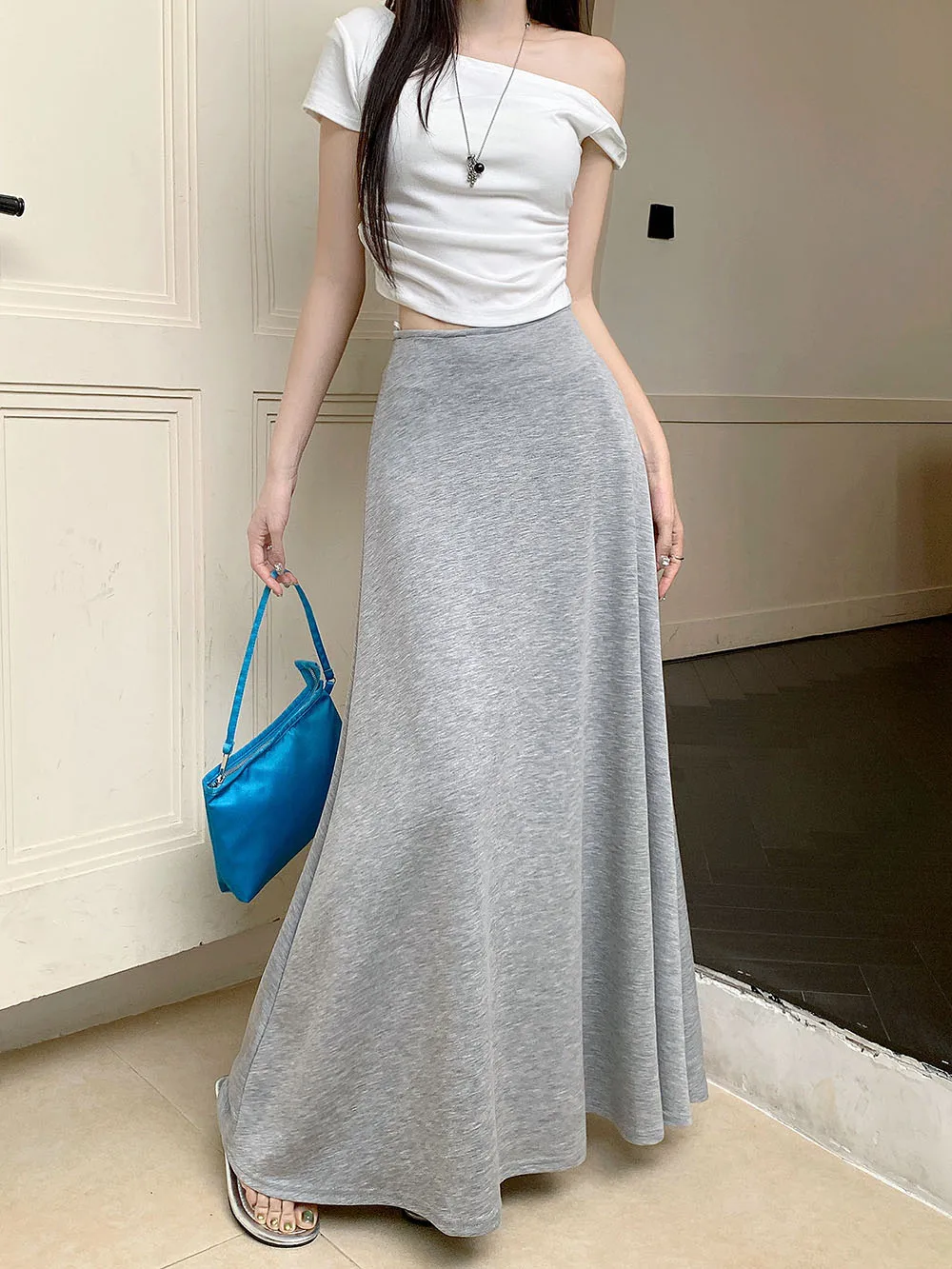 

Высококачественная длинная юбка с высокой талией, женская элегантная трикотажная длинная юбка трапециевидной формы, женская модная облегающая серая, черная юбка Maix 2025