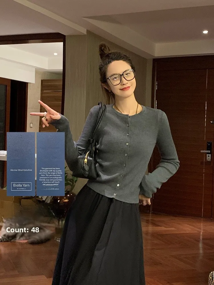 

Women's Woolen Knitted Cardigan ort Outerwear Spring Autumn BiellaOO Australian Wool Zhang Da Yangzi Commute Sle