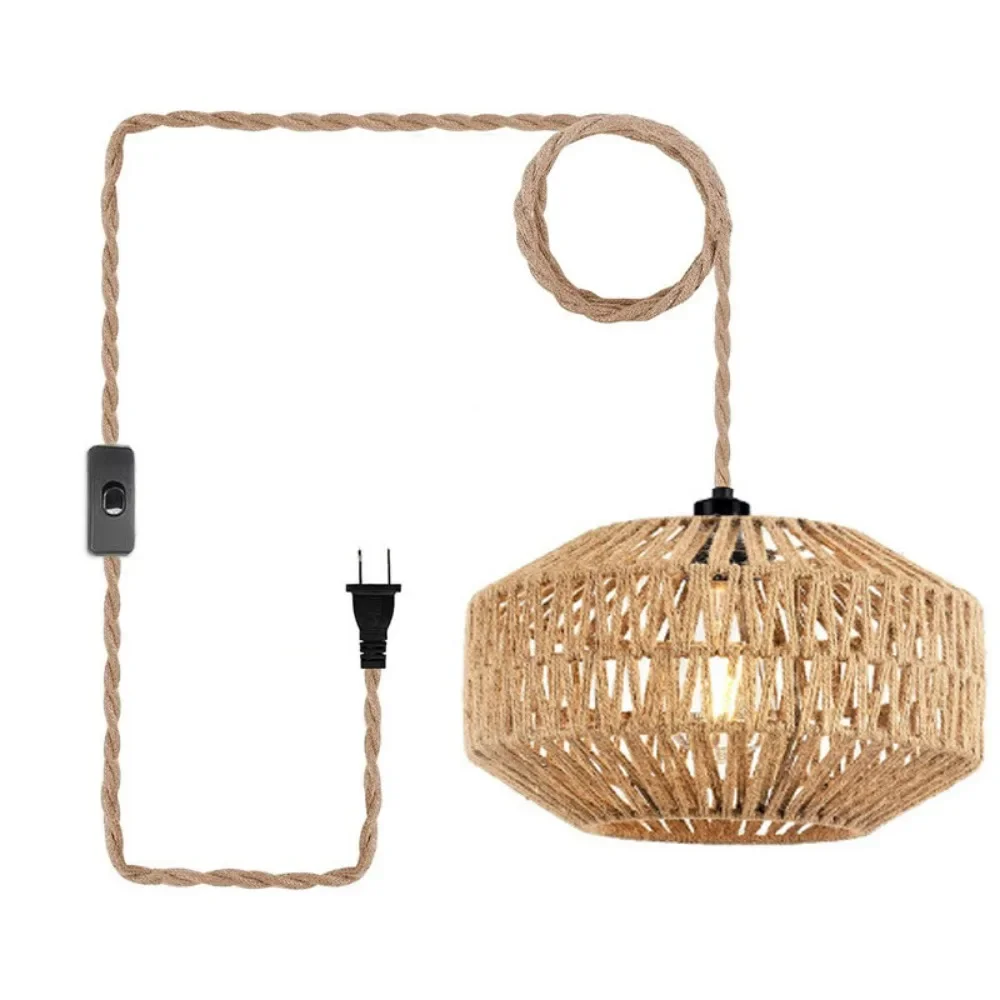 

Head Hemp Rope Hanging Light Farmhouse Dining Room Restaurant Plug-in Rattan Woven Pendant Light Switch Control Wooden Lamp