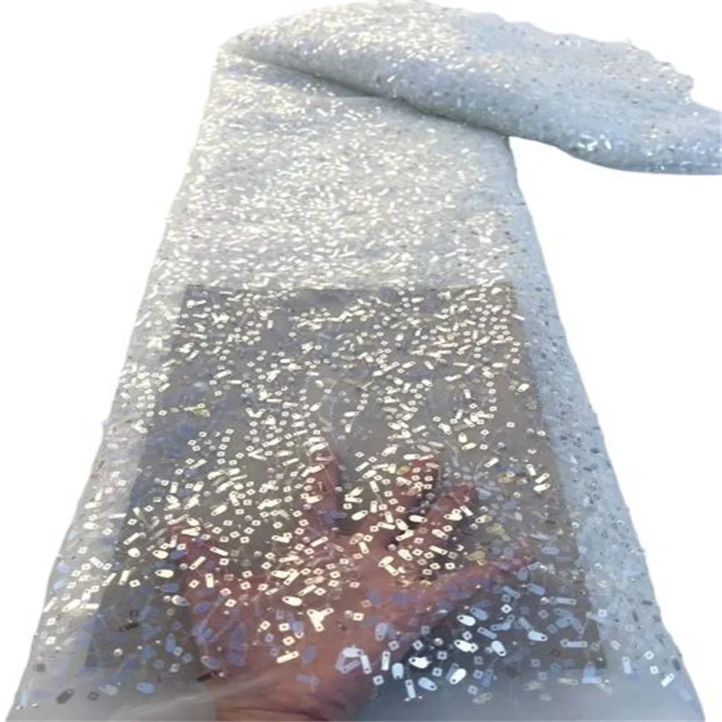 

Latest White African Sequin Lace Fabric Embroidery French Mesh Lace Fabric With Big Sequins Nigerian Tulle Lace For Party