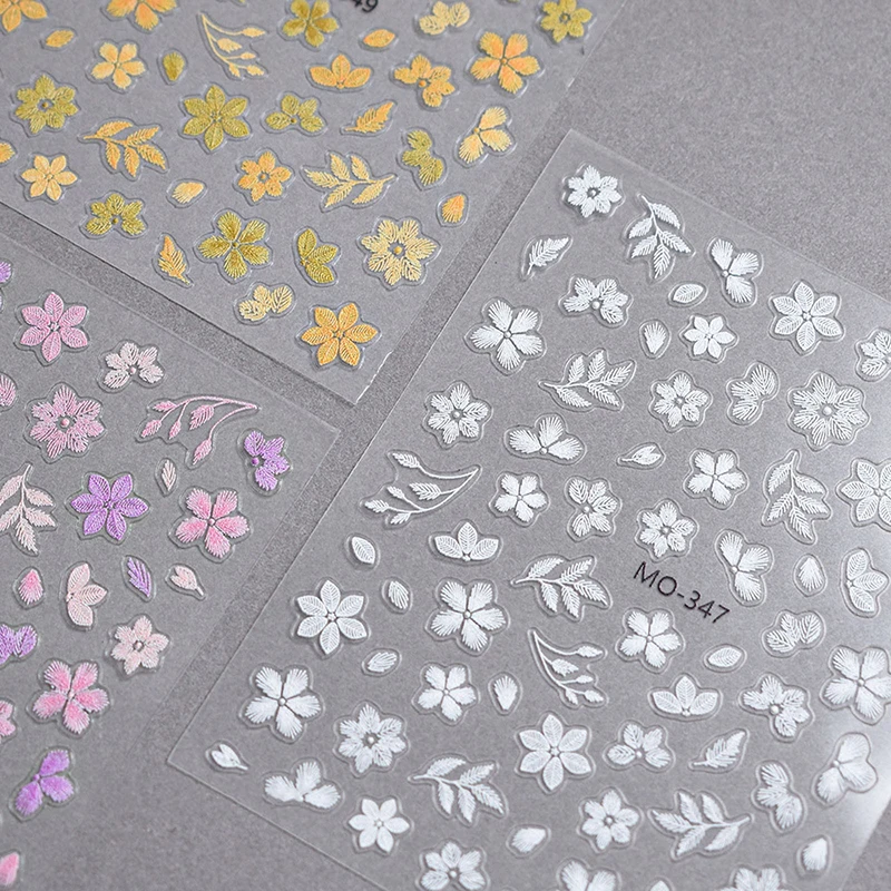 3D Embroidery Flower Nail Art Stickers White Pink Yellow Exquisite Chinese Style Adhesive Stickers Nail Art Decoration DIY Salon