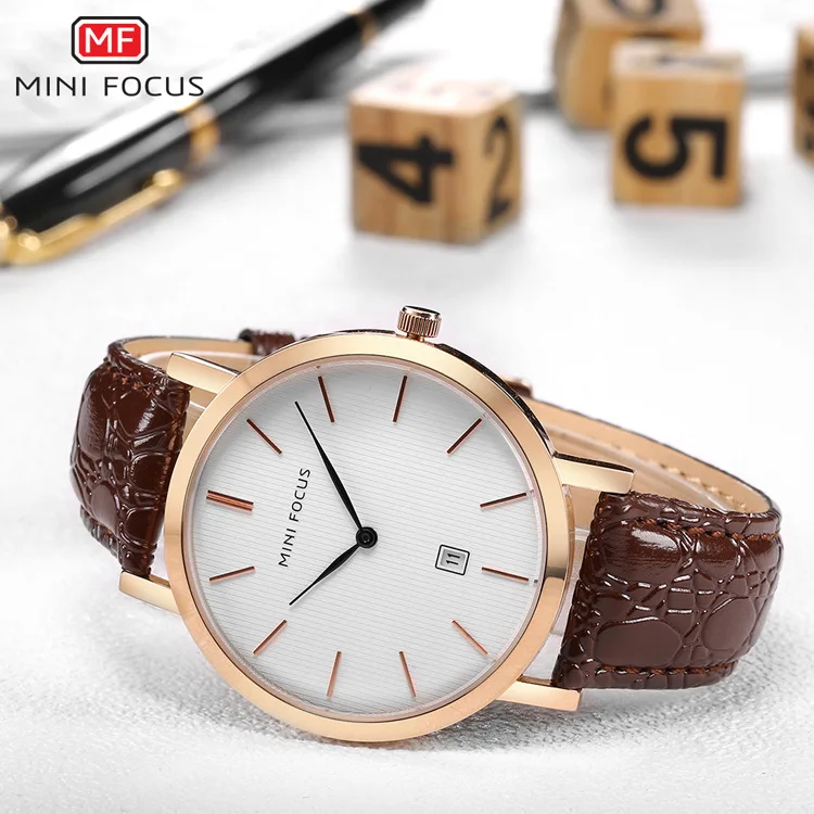 MINI FOCUS 0108G Men's Quartz Watch Business Fashion Date Analog Display Genuine Leather Strap Wrist Watches for Male Gift