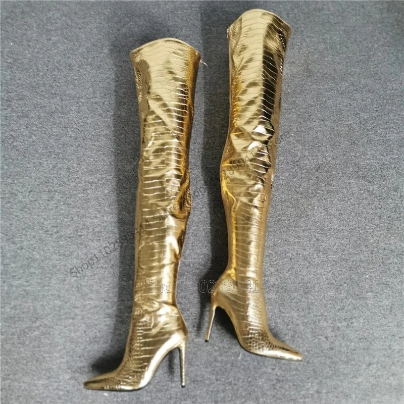 Gold Crocodile Print Thigh High Pointed Toe Boots Back Zipper Women Shoes Thin High Heels Fashion Party 2023 Zapatos Para Mujere