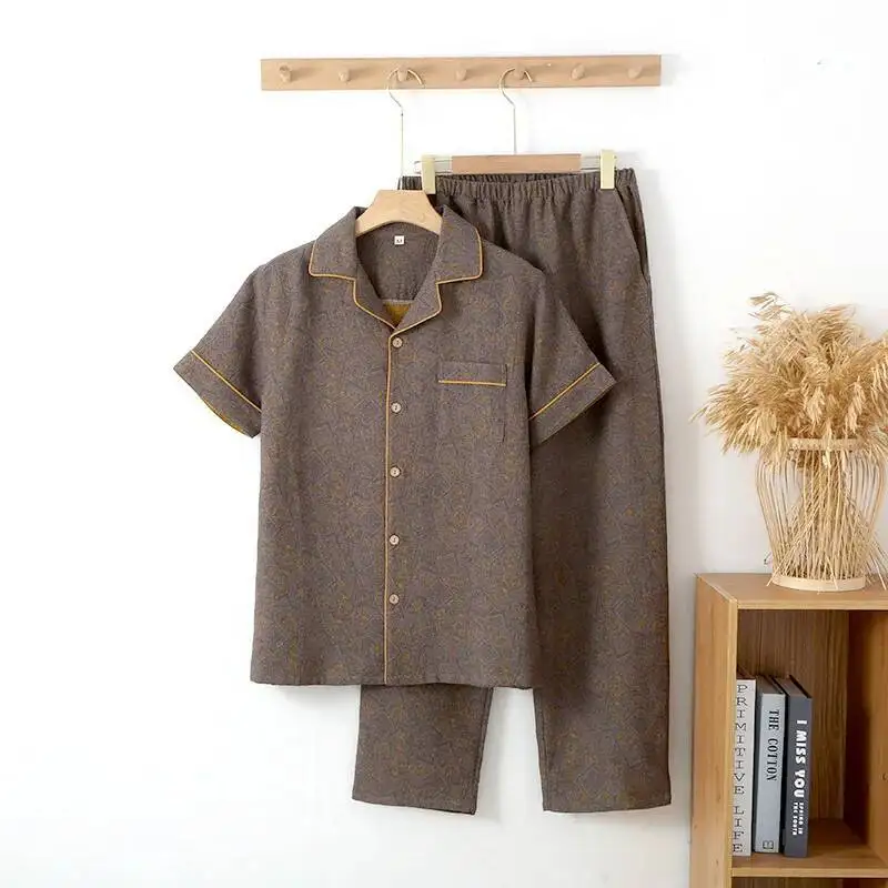 

Весенне-осенние мужские двухслойные марлевые длинные брюки из хлопковой пряжи с короткими рукавами, тонкая одежда для сна, жаккардовая одежда