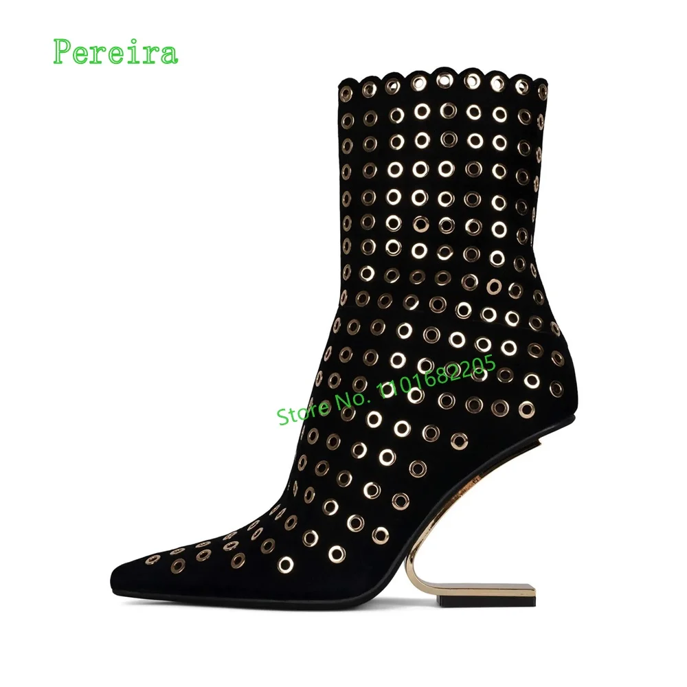 Black Metal Grommet Boot 2024 Women\'s Soild Pointed Toe Hidden Heel Sexy Fashion Elegant Party Plus Size Shoes New Arrival