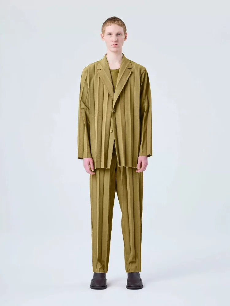Miyake Suit Set, Simple and Loose Heavy Pleated Loose Thin Design, Summer Men's Suit, Long Pants Set Casual Business Men Clothes