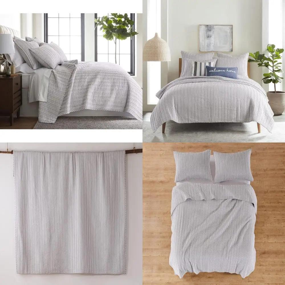 

Charcoal Stripe Reversible Quilt Set Full/Queen Size with 2 Pillow Shams - Striped Pattern Bedding Ensemble