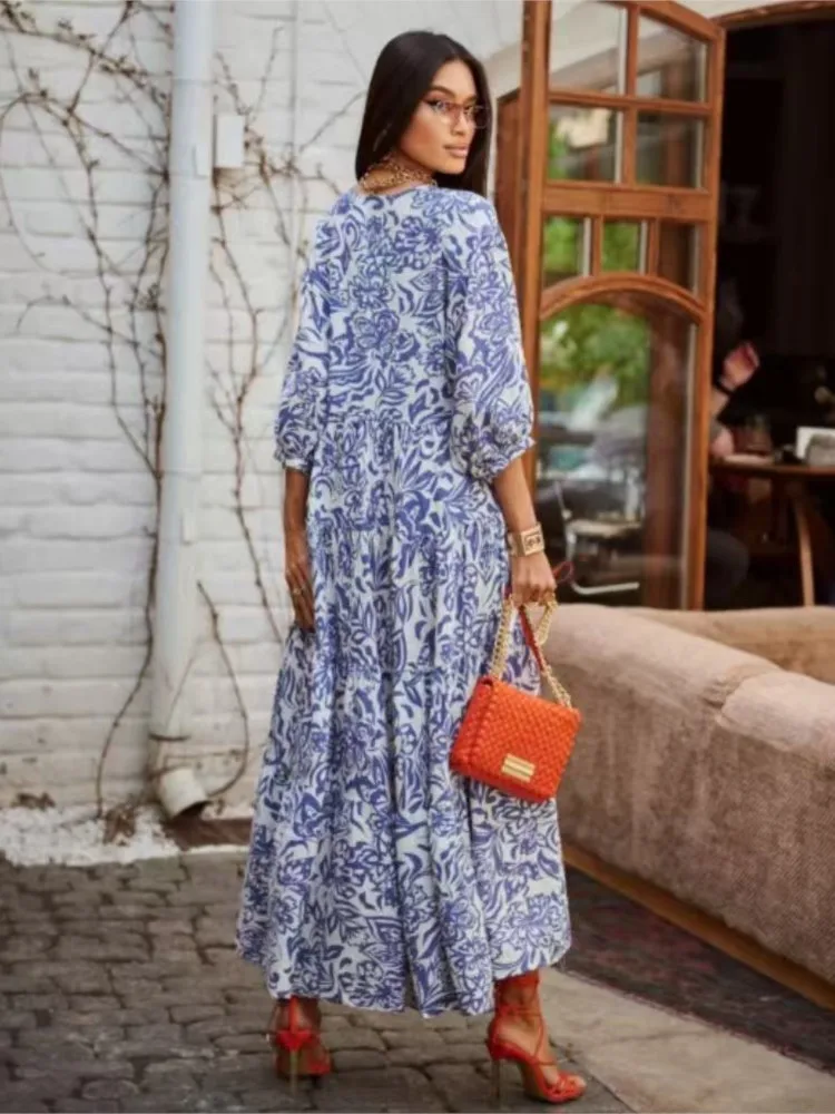 فستان نسائي أنيق مطبوع باللون الأزرق رداء نسائي أنيق للربيع بياقة على شكل حرف v وأكمام طويلة فساتين طويلة غير رسمية للخريف للسيدات #6