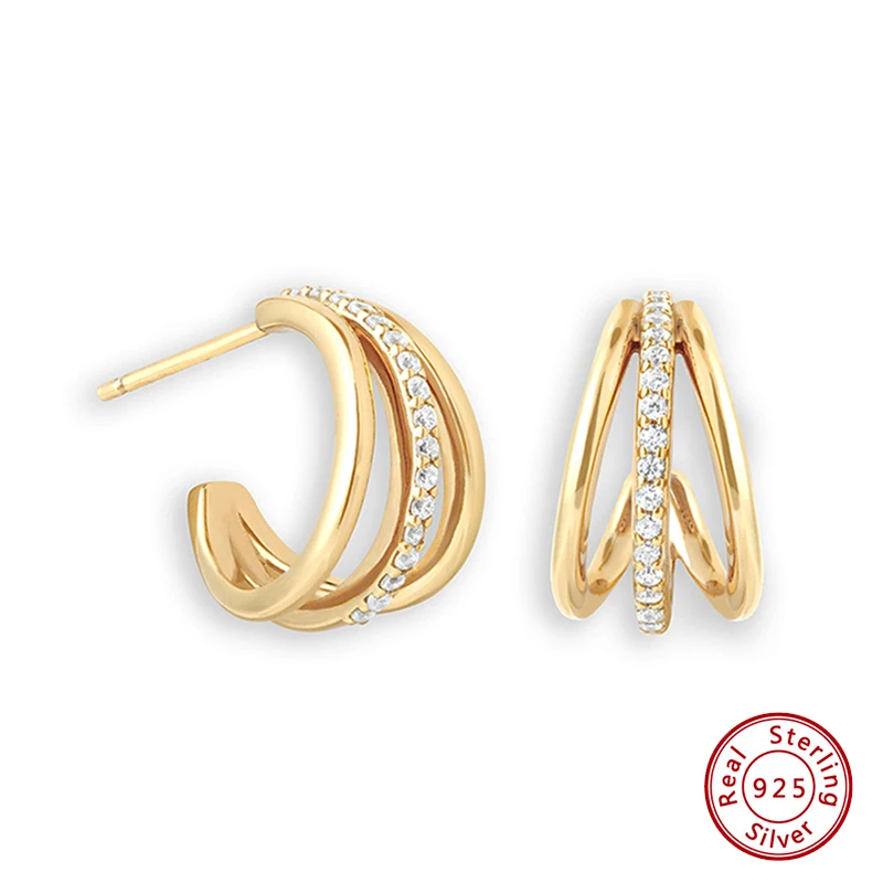 

925 Sterling Silver Earrings Original Certified Three Layer Wave Stud Earrings For Women Luxury Jewelry Gold Earrings