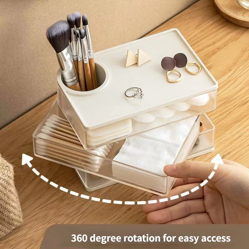 Multifunctional 360°Rotary 3 Layers Powder Puff  Brush Cotton Pad Storage Box Pen Holder Creative Home Office Desktop Organizer