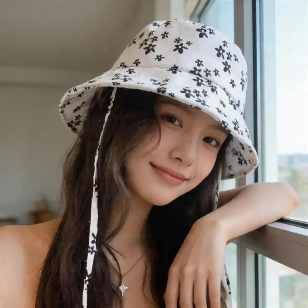 Cute Polyester Floral Print Bucket Hat Wide Brim Double Sided Panama Hat Foldable Adjustable Basin Cap Women