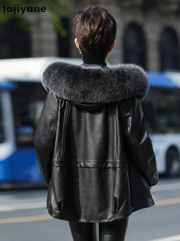 Tajeyane-Chaqueta de piel de oveja auténtica para mujer, abrigos de plumas de ganso blanco con capucha, cuello de piel de zorro, forro de plumón desmontable, Otoño e Invierno