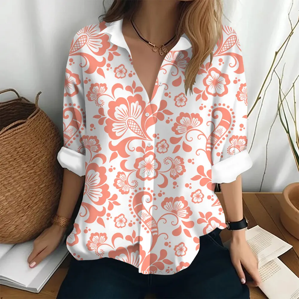 Women's Long Sleeved Shirt Floral Pattern Clothing Loose Lapel Jacket Fashionable Button T-shirt Street Trend Women's Shirt