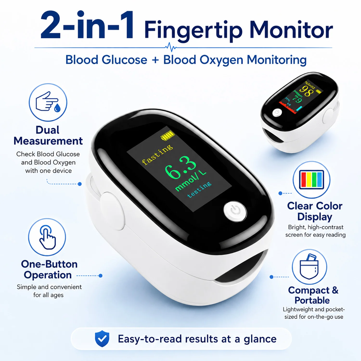 Portable 2IN1 Non‑Invasive Blood Glucose Meter Pulse Oximeter Home No Need Prick Glucometer Fingertip SpO2 Heart Rate Oximetry gallery 5