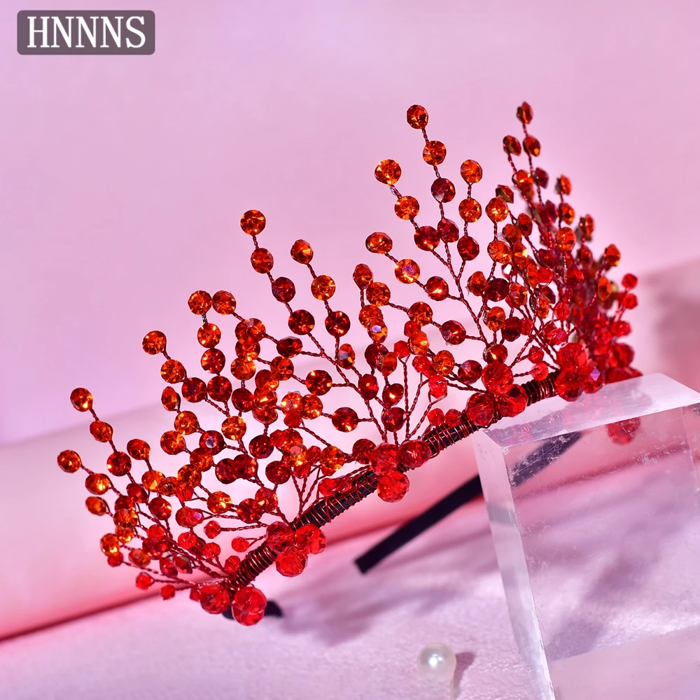 

HNNNS Vintage Crown Ladies Hair Bands Red Rhinestone Bridal Headdress Prom Dress Up Accessories Fashion Handmade Jewelry A323