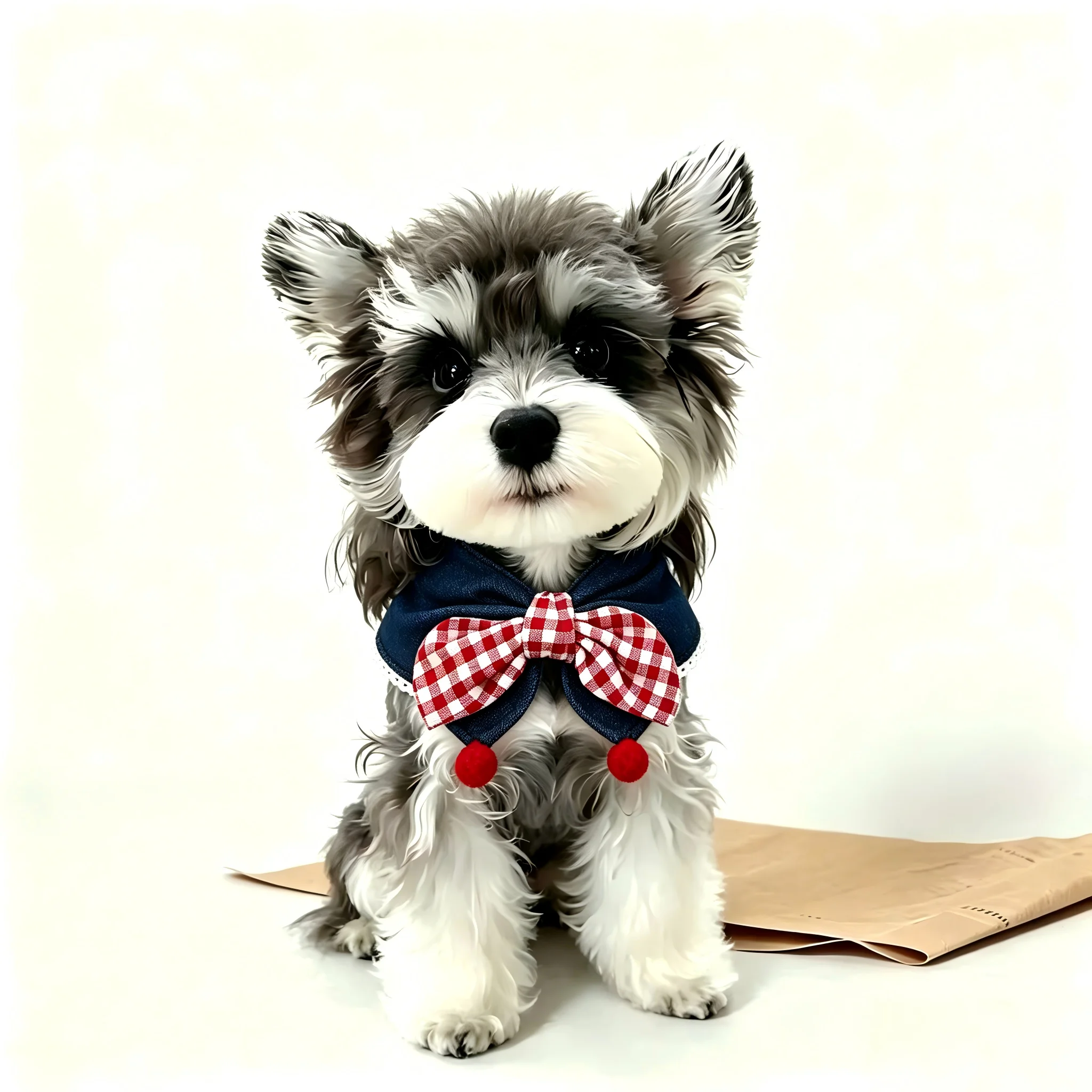 Navy Faux Denim Pet Collar Bib Red Gingham Bow Lace Trim Pom Pom Snap Buttons Daily Wear Outdoor Walk Birthday Pet Photo Gift
