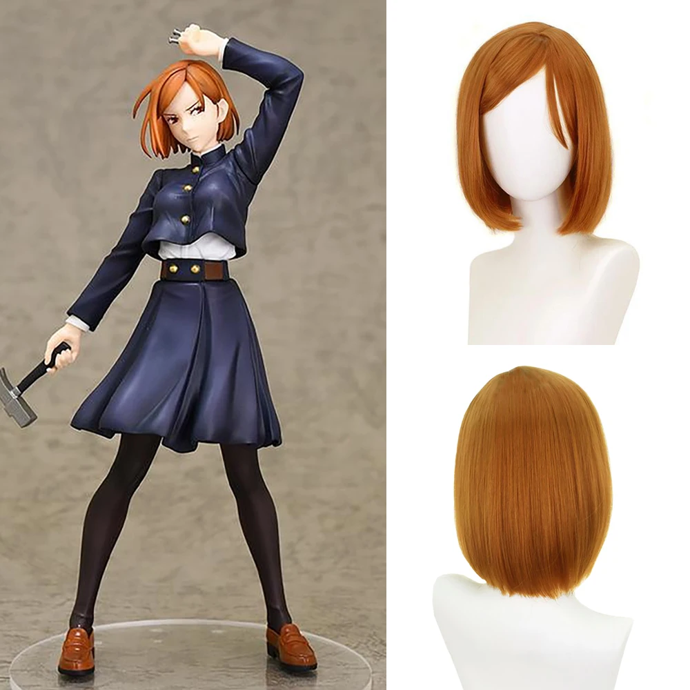 Anime Jujutsu Kaisen Nobara Kugisaki Cosplay Synthetic Hair 14-Inch Brown Side-Parted Short Hair Simulation Scalp Halloween Wig