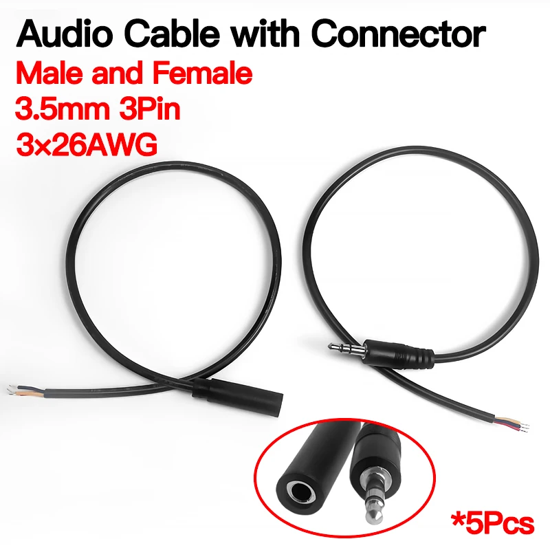 

3.5mm Audio Cable 5PCS 3X26AWG, Universal Stereo Aux Cord for Car/Speakers/MP3, High-Quality Audio Transmission Wire