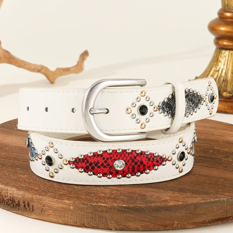 Snake Pattern Studded Pearl Belt Vintage Pin Buckle Leather Waistband For Jeans Pants Women