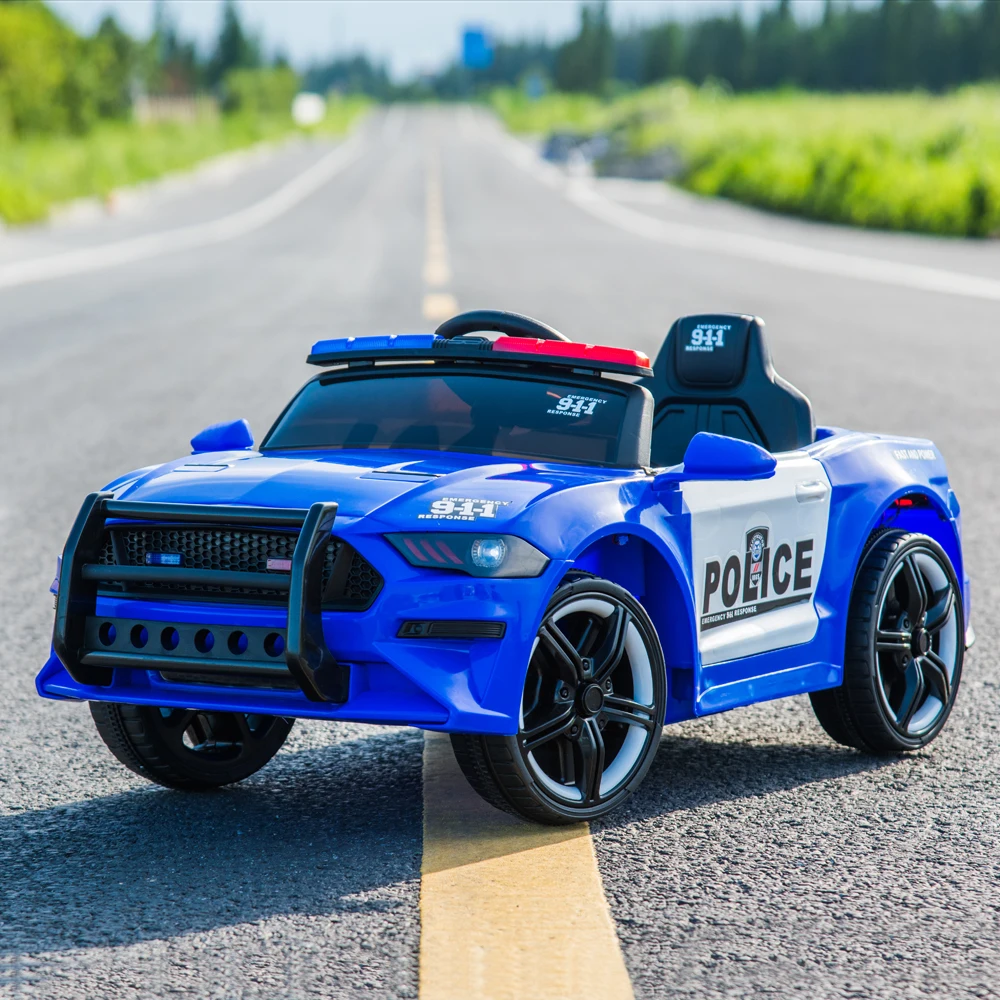 Voiture de sport de police pour enfants, télécommande 2.4GHz, lumières LED, sirène, microphone, bleu, 12V