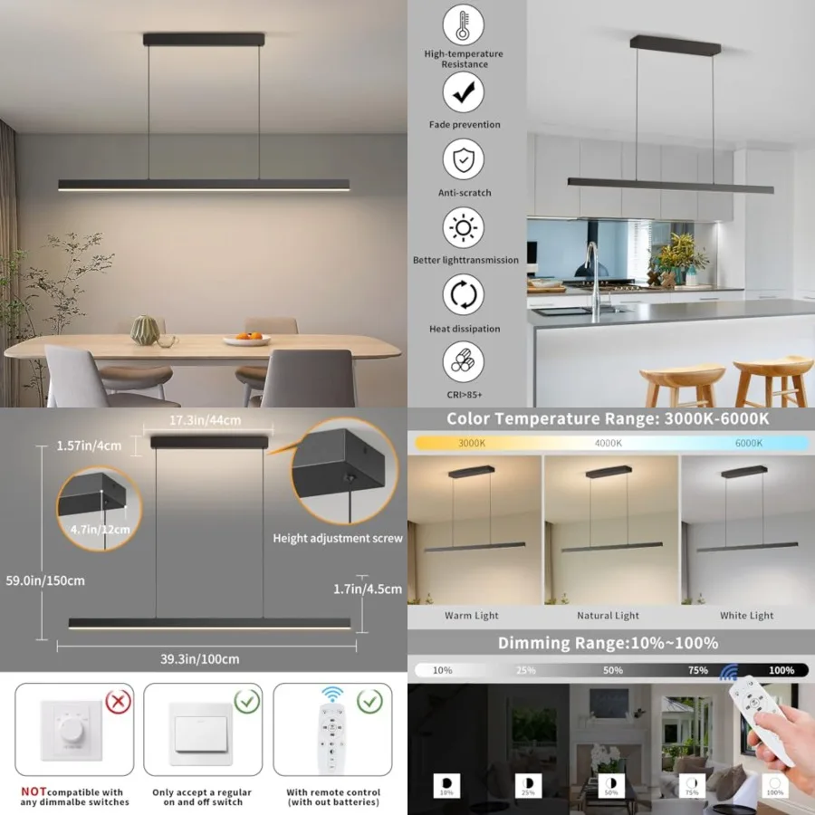 

LE Linear Penant Lights, 39in Islan Lighting Fixture 3000k-6000K immable, Chanelier Lamp for Kitchen ining Room Pool Table Offi