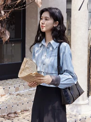 MISHOW Blue Striped Splicing Shirts Lantern Sleeve Tops 2024 Autumn Polo Neck Contrasting Cuffs Top Commuter Shirt MXD48C0348