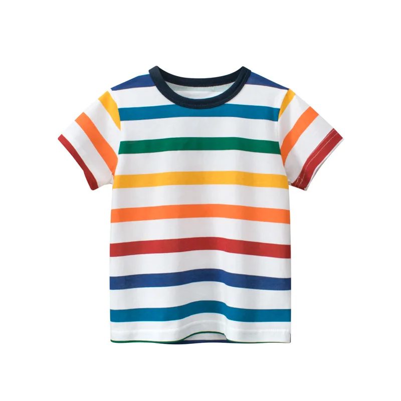 Camiseta infantil de manga curta listrada colorida, blusa de bebê menino e menina, roupa infantil, verão, 2-6 anos