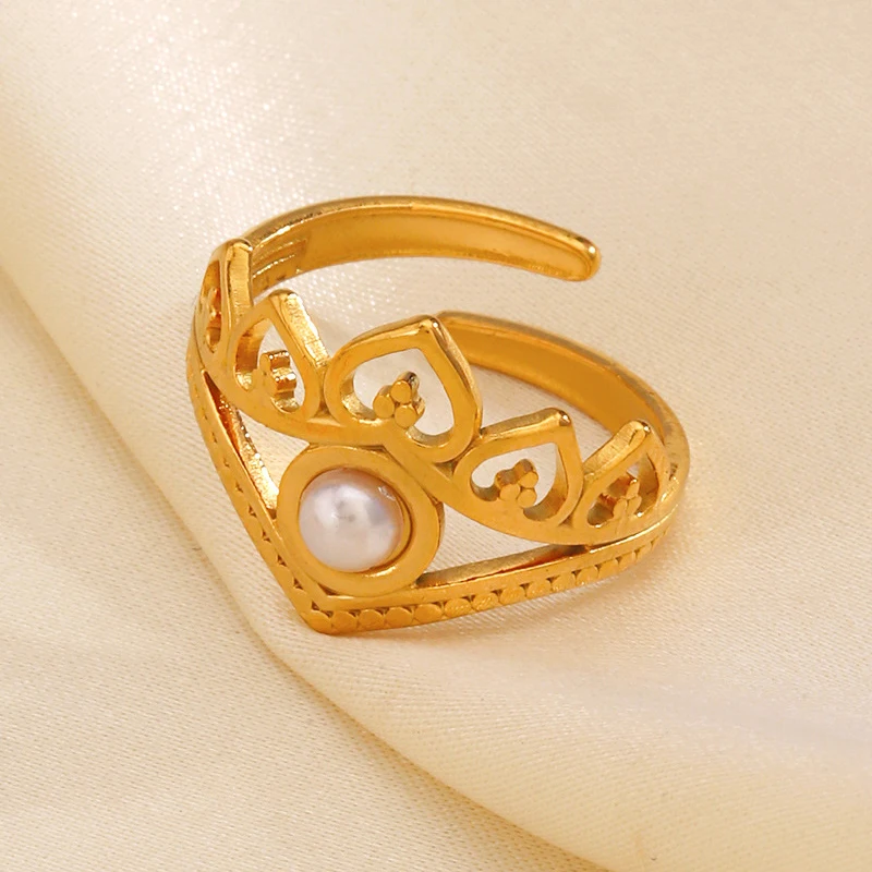 DLHP Exquisite Crown Imitation Pearl Open Rings For Women Vintage French Stainless Steel Hollow Rings 2024 Trendy Jewelry Gifts