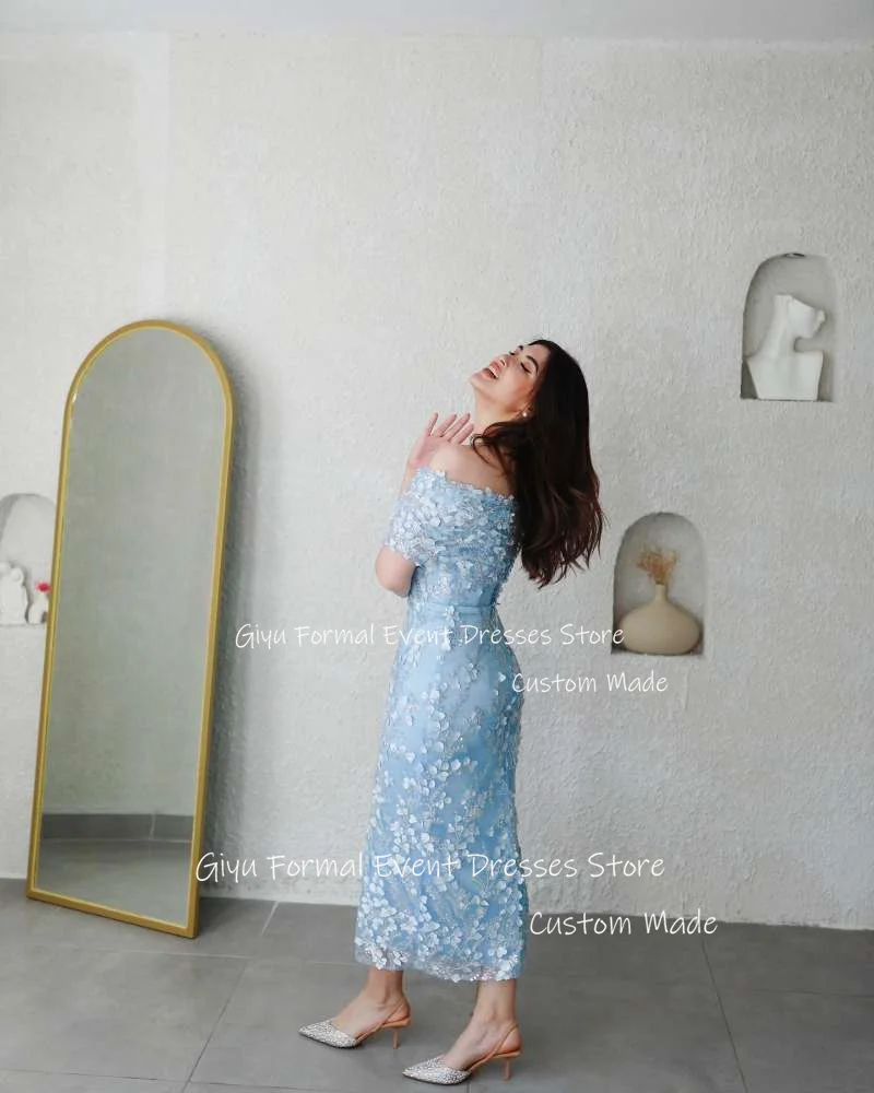 Giyu Exquisite Light Blue Evening Dresses Dubai Arabic Women Wedding Party Bolero Ankle length Prom Gowns Fomral Occasion