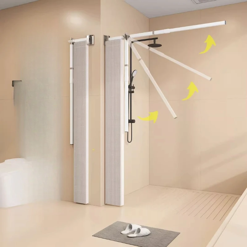 Invisible folding shower curtain single wall fixed  dry and wet separation bath room waterproof shielding push-pull curtain