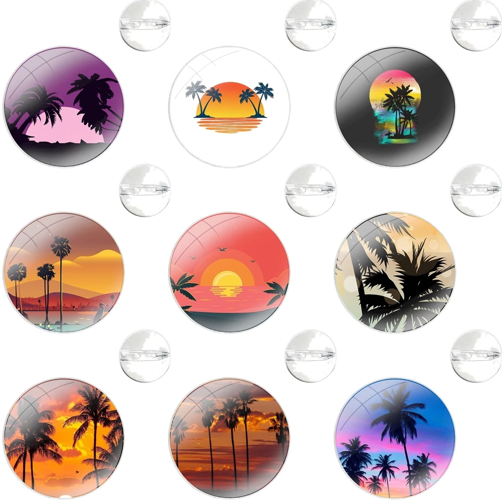 Art coconut tree seagull sunset Pins Badge Metal Brooches For Clothes Backpack Decoration gift