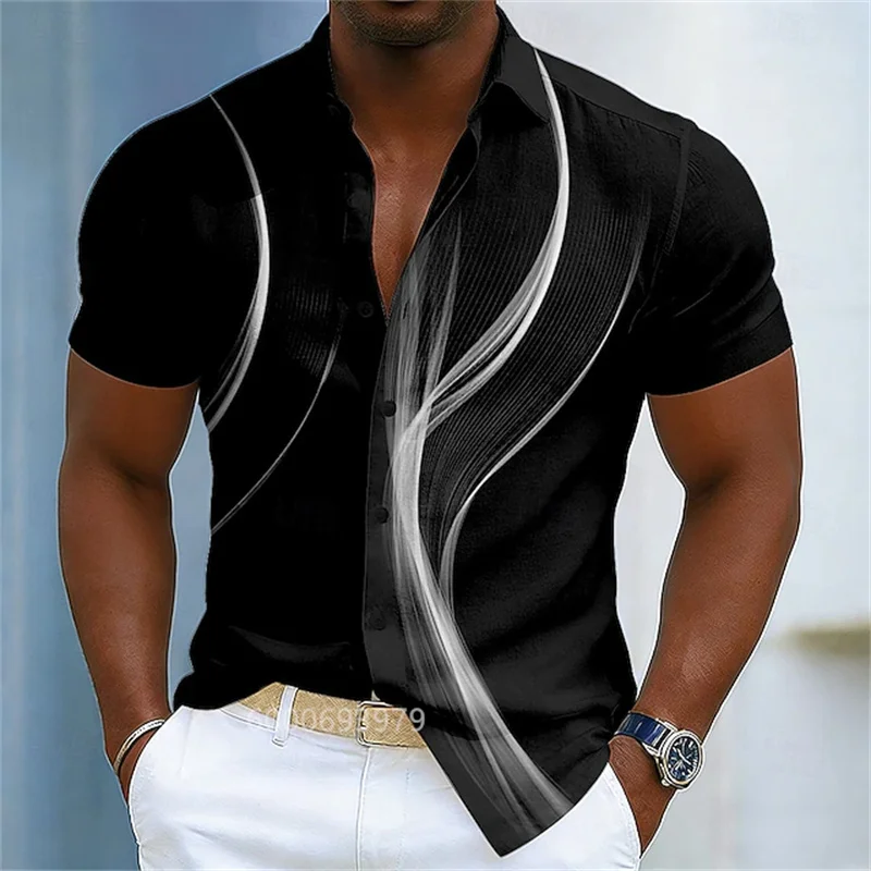 Men's gradient line shirt, fashionable, casual, everyday, outdoor, vacation, spring/summer, lapel shirt, gold.
